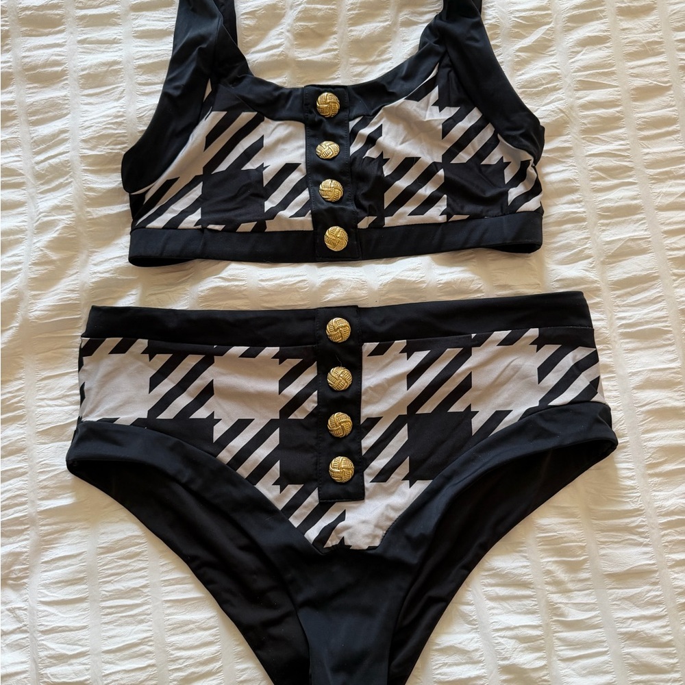 Beach Riot Black and White High-Waist Button Bikini Set